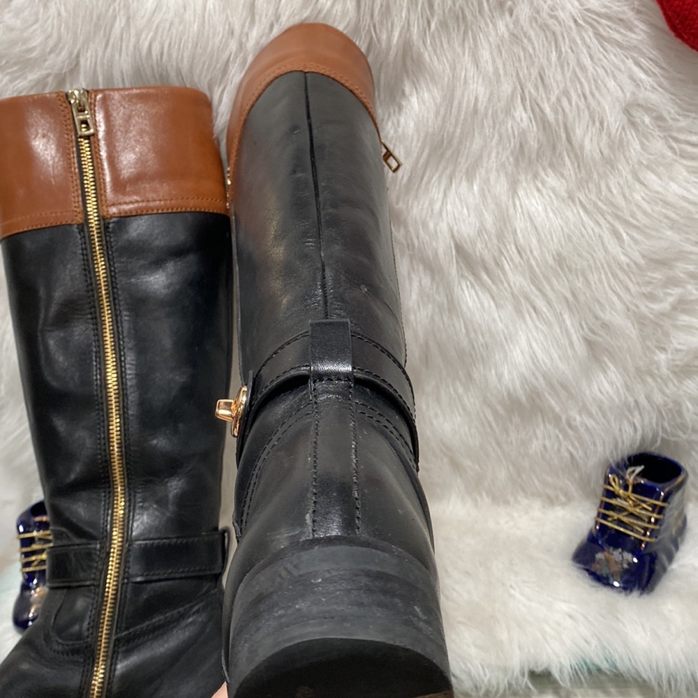 COACH EVA Black Brown Calf Leather Tall Boots 6.5 B Zip Classy 2-tone - Picture 6 of 13